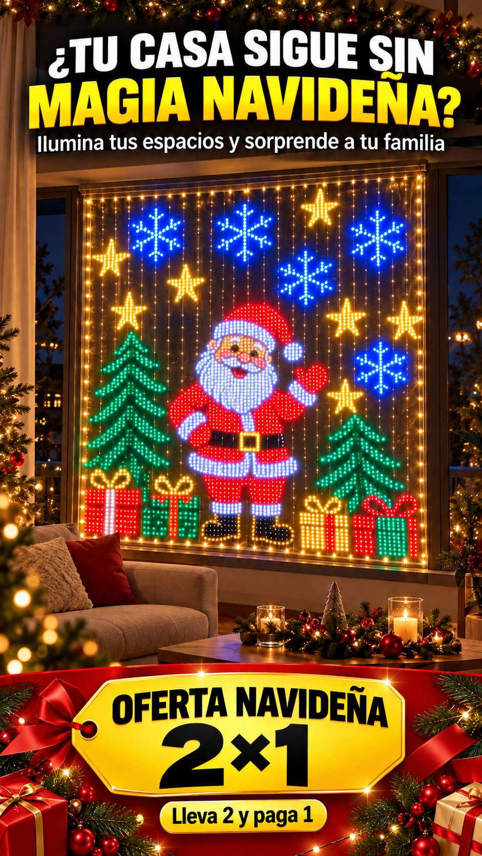 Cortina Navideña LED Multicolor con Pascuero 🎅 ¡Ilumina tu Hogar con el 2×1!